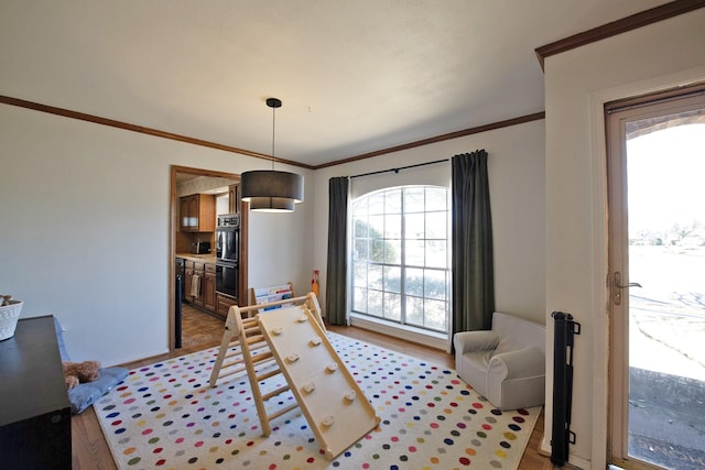 interior space with crown molding and wood finished floors