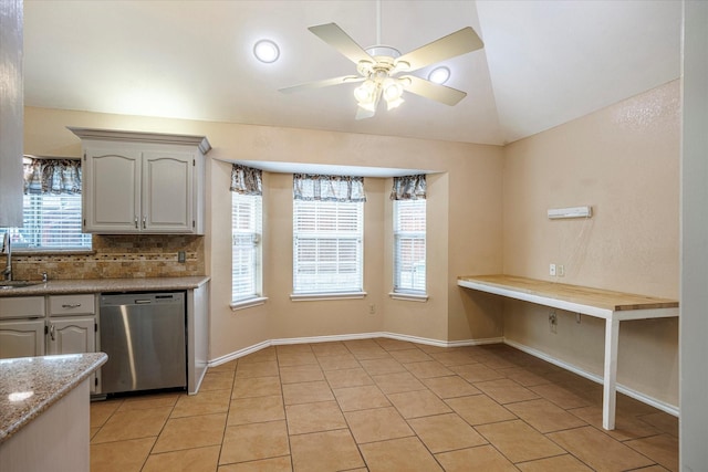 kitchen featuring a sink, a ceiling fan, vaulted ceiling, decorative backsplash, and dishwasher