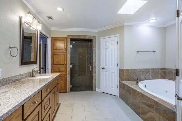 bathroom with vanity, visible vents, ornamental molding, a tub with jets, and a stall shower