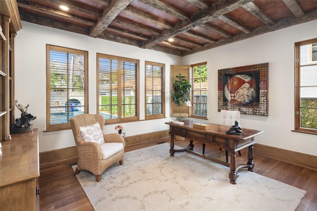 office area featuring wood ceiling, baseboards, and wood finished floors