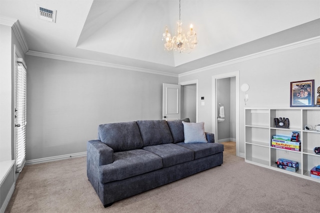 living room featuring a notable chandelier, visible vents, ornamental molding, light carpet, and baseboards