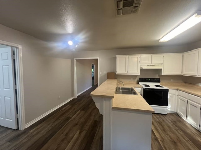 kitchen with under cabinet range hood, white electric range, visible vents, white cabinets, and light countertops