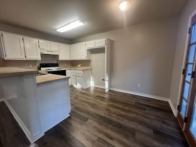 kitchen with range with electric cooktop, dark wood-style flooring, a peninsula, under cabinet range hood, and white cabinetry