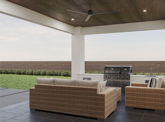 view of patio featuring area for grilling, a ceiling fan, an outdoor hangout area, and a sink