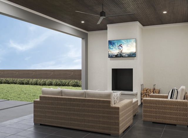 exterior space featuring tile patterned flooring, ornamental molding, a ceiling fan, and recessed lighting