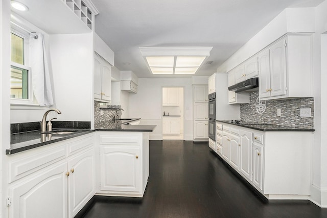 kitchen featuring tasteful backsplash, a sink, dark countertops, under cabinet range hood, and black appliances
