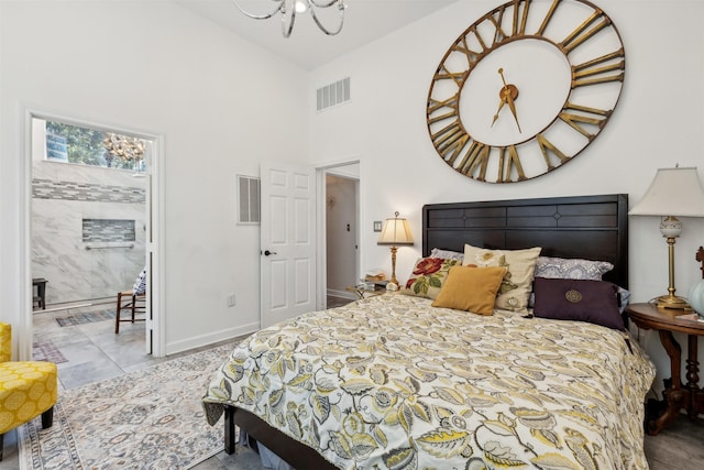 bedroom with high vaulted ceiling, baseboards, and visible vents