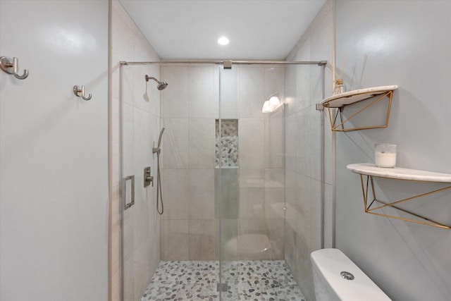 bathroom with a shower stall and toilet