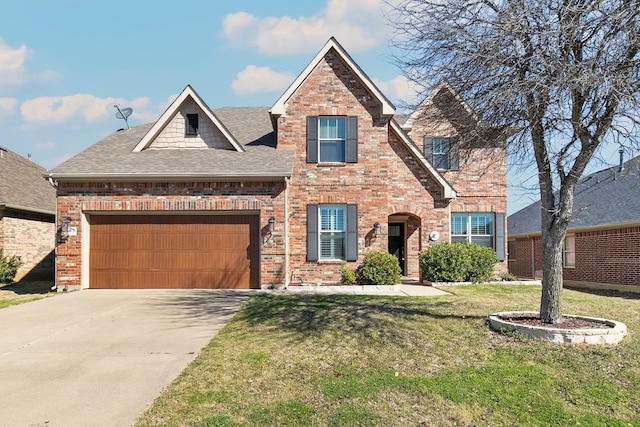 view of front facade with an attached garage, a front lawn, and brick siding