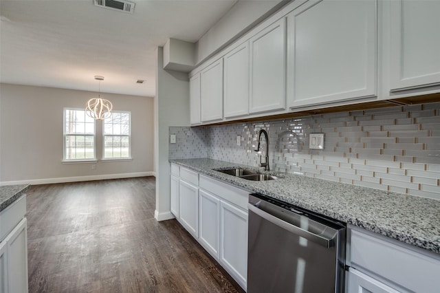 kitchen with a sink, tasteful backsplash, white cabinets, and stainless steel dishwasher