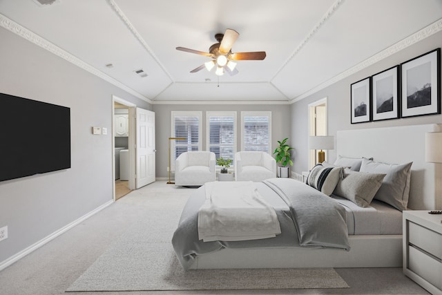 bedroom featuring lofted ceiling, visible vents, crown molding, and baseboards