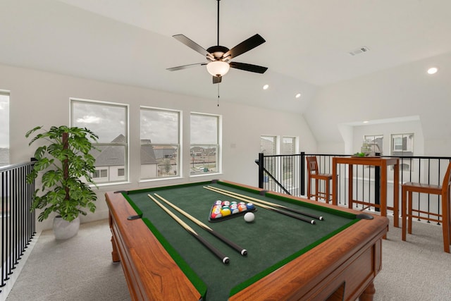 1517 Kinglet Pl, Celina, TX 75009 - recreation room featuring carpet, ceiling fan, vaulted ceiling, pool table, and recessed lighting