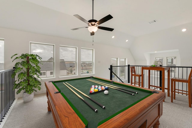 rec room featuring lofted ceiling, visible vents, carpet flooring, and recessed lighting