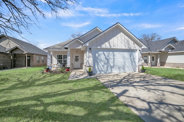 view of front of home with concrete driveway, an attached garage, a front lawn, board and batten siding, and brick siding