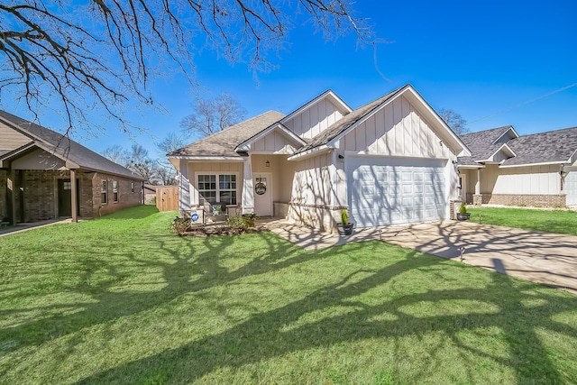 view of front facade with a garage, driveway, board and batten siding, and a front yard