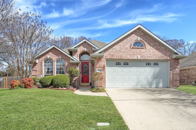 single story home featuring a garage, a front yard, concrete driveway, and brick siding