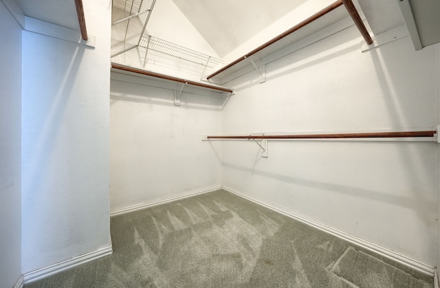 spacious closet with vaulted ceiling and dark colored carpet