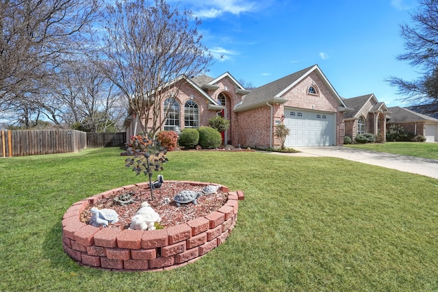 view of front of home with a front yard, brick siding, fence, and driveway