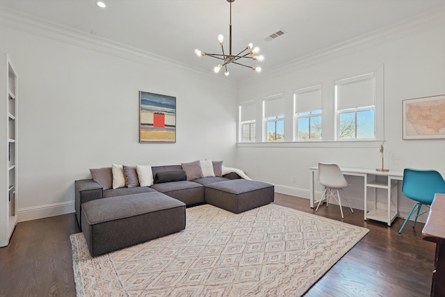 living room featuring baseboards, visible vents, wood finished floors, and ornamental molding