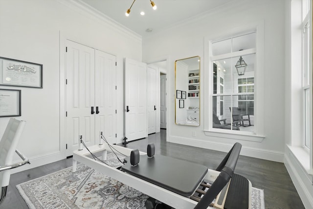 exercise area featuring dark wood-type flooring, crown molding, and baseboards