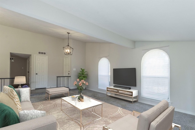 living area featuring carpet floors, visible vents, lofted ceiling with beams, a chandelier, and baseboards