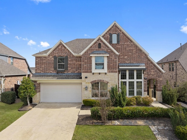 view of front of house featuring an attached garage, brick siding, concrete driveway, stone siding, and roof with shingles