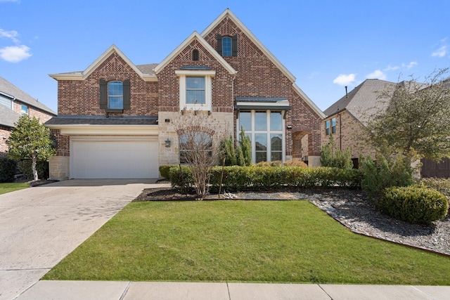 view of front of house with a front lawn, brick siding, driveway, and an attached garage