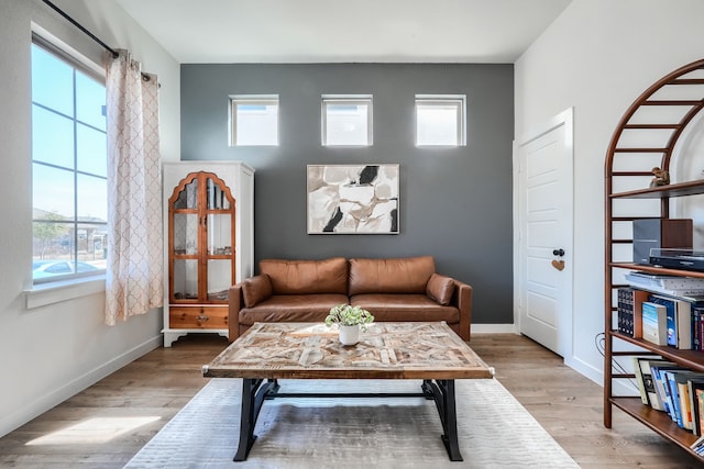 living area with baseboards, a wealth of natural light, and light wood-style floors