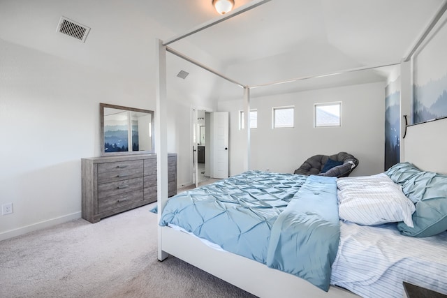 bedroom featuring light carpet, visible vents, and baseboards