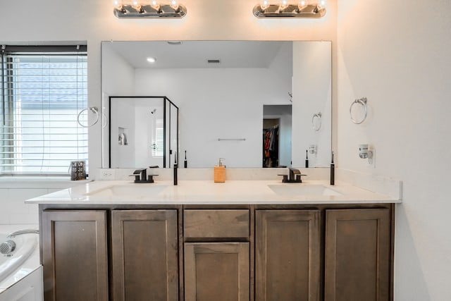 full bathroom featuring a sink, a spacious closet, a shower stall, and double vanity