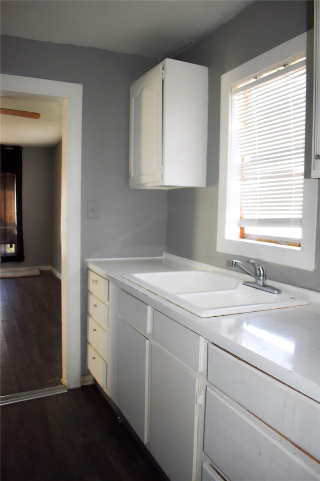 kitchen featuring light countertops, a sink, dark wood finished floors, and white cabinets