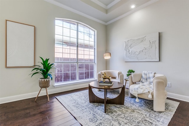 living area featuring dark wood-style flooring, a raised ceiling, crown molding, and baseboards