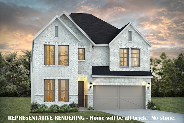 view of front facade featuring a garage, driveway, brick siding, and metal roof