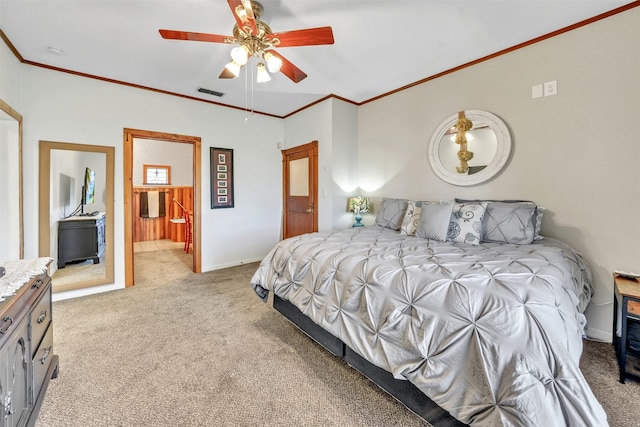 bedroom with light carpet, baseboards, visible vents, and ornamental molding