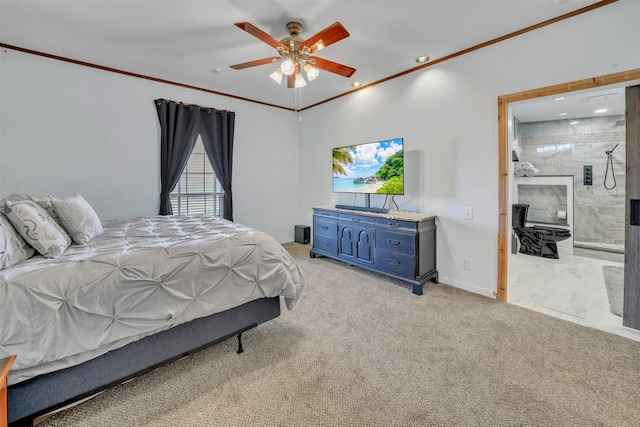 bedroom with recessed lighting, baseboards, ornamental molding, and light colored carpet