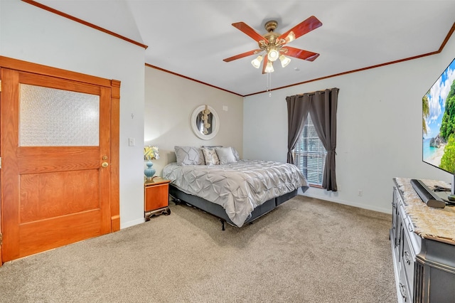 bedroom featuring ornamental molding, light carpet, baseboards, and a ceiling fan