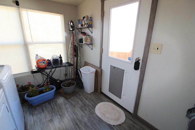 laundry area with dark wood-type flooring and a healthy amount of sunlight