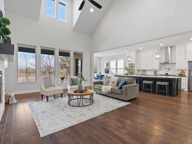 living area featuring a healthy amount of sunlight, baseboards, and dark wood-style flooring