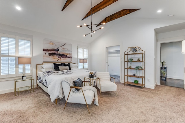 carpeted bedroom with a chandelier, high vaulted ceiling, baseboards, a spacious closet, and beam ceiling