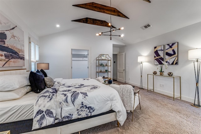 bedroom featuring carpet flooring, visible vents, lofted ceiling with beams, and baseboards