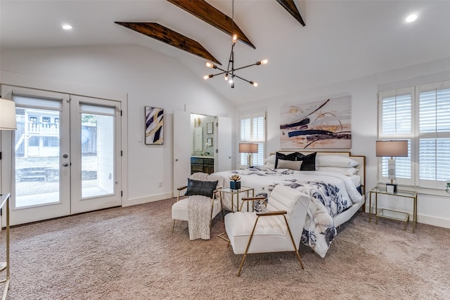 carpeted bedroom with baseboards, beamed ceiling, access to outside, french doors, and a chandelier