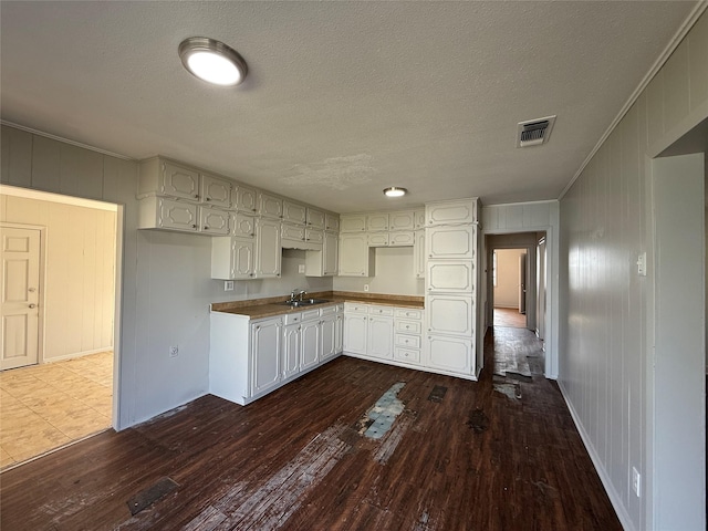 kitchen with dark wood-type flooring, visible vents, white cabinets, and a sink