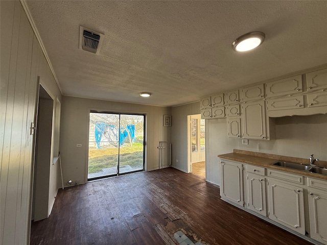 kitchen with dark wood finished floors, a sink, visible vents, and white cabinets