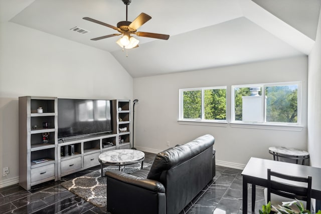 living room with lofted ceiling, marble finish floor, visible vents, and baseboards