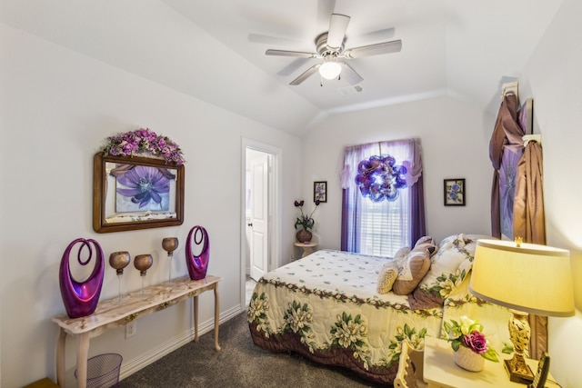 bedroom with lofted ceiling, visible vents, baseboards, a ceiling fan, and carpet