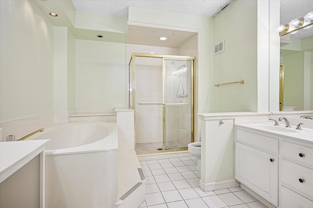 bathroom featuring a shower stall, visible vents, tile patterned flooring, and a textured ceiling