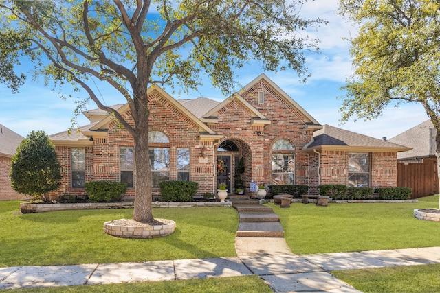 traditional home with brick siding, roof with shingles, and a front yard