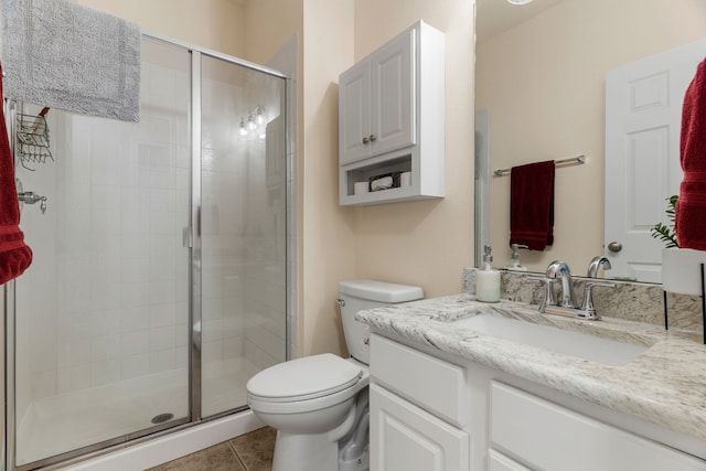 bathroom featuring a stall shower, vanity, toilet, and tile patterned floors