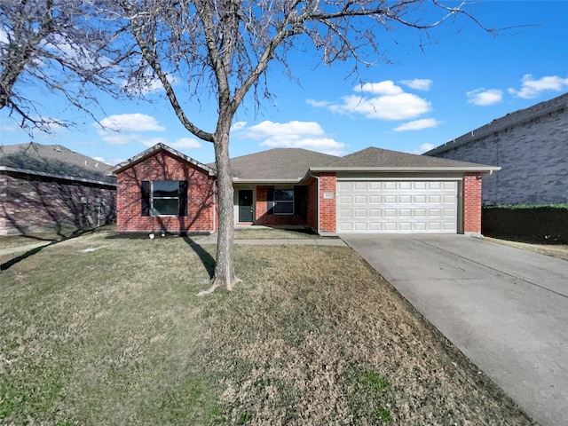 ranch-style home featuring a garage, a front lawn, concrete driveway, and brick siding