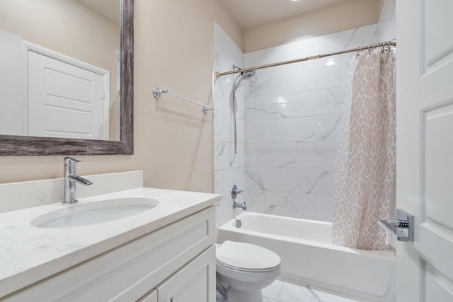 bathroom featuring toilet, shower / tub combo, marble finish floor, and vanity